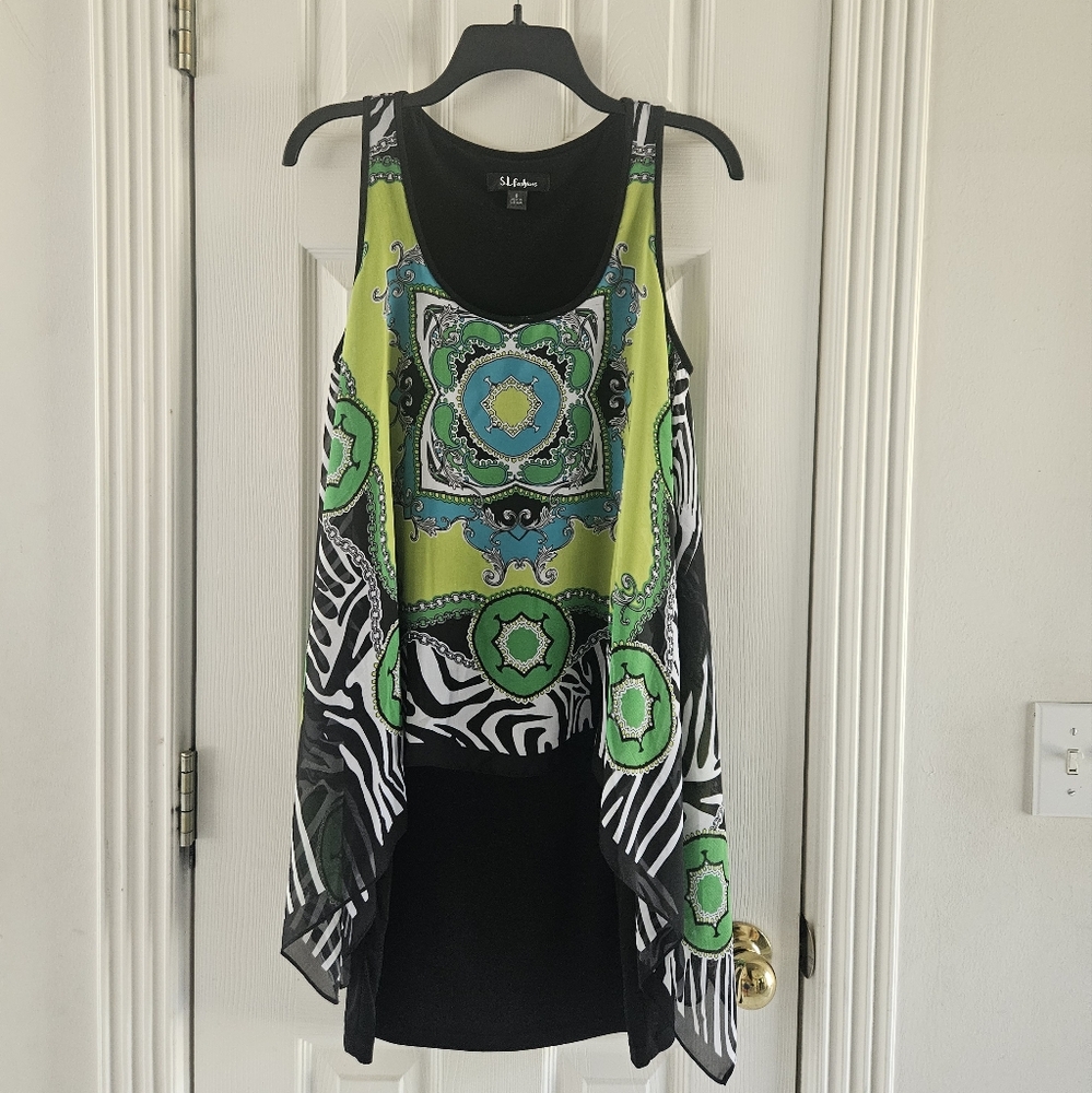 Vibrant Green/Black Sleeveless Dress With Handkerchief Scarf Overlay, Sz 6, EUC - Picture 4 of 7